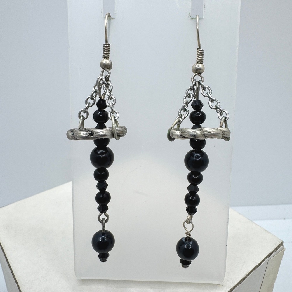 Gothic Black Bead Silver Tone Chain Dangle Drop Earrings Boho Grunge Edgy Witchy